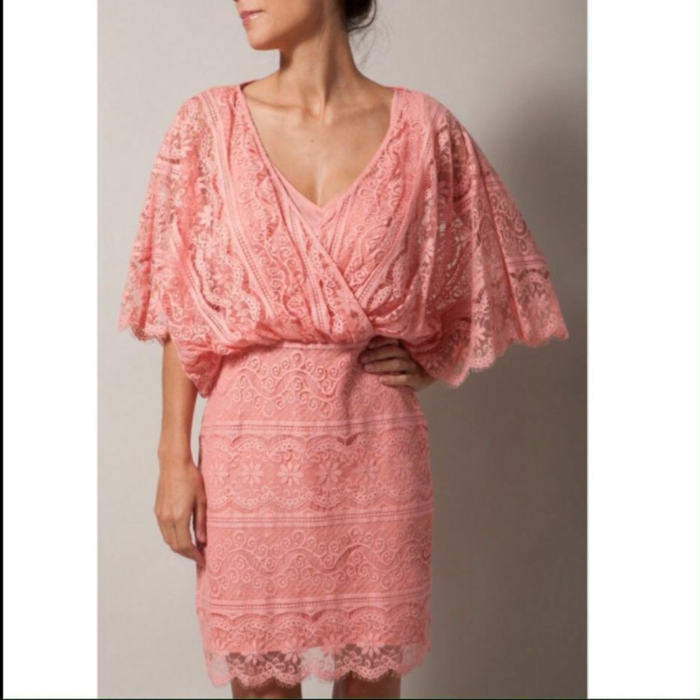 Beyond Vintage Pink Lace Draped V Neck Mini Dress